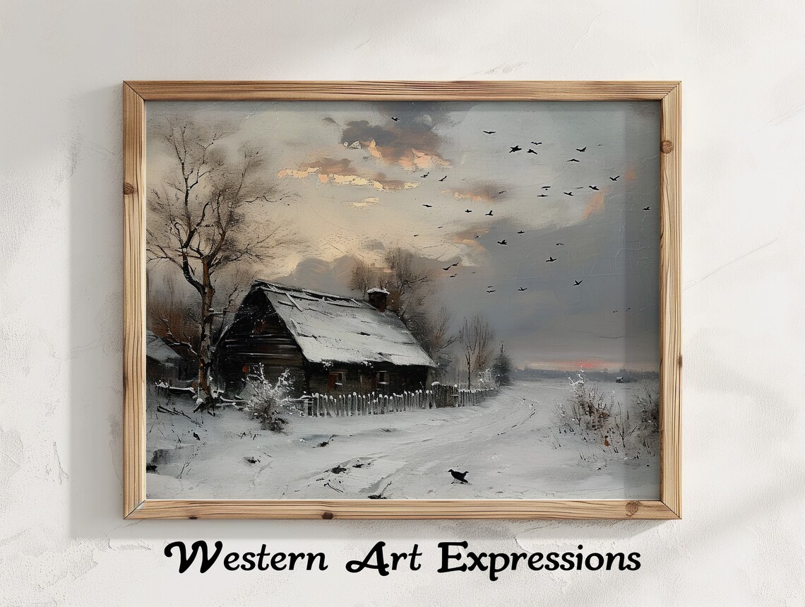 Snowy Cabin at Dusk with Flying Birds Vintage Winter Art Poster