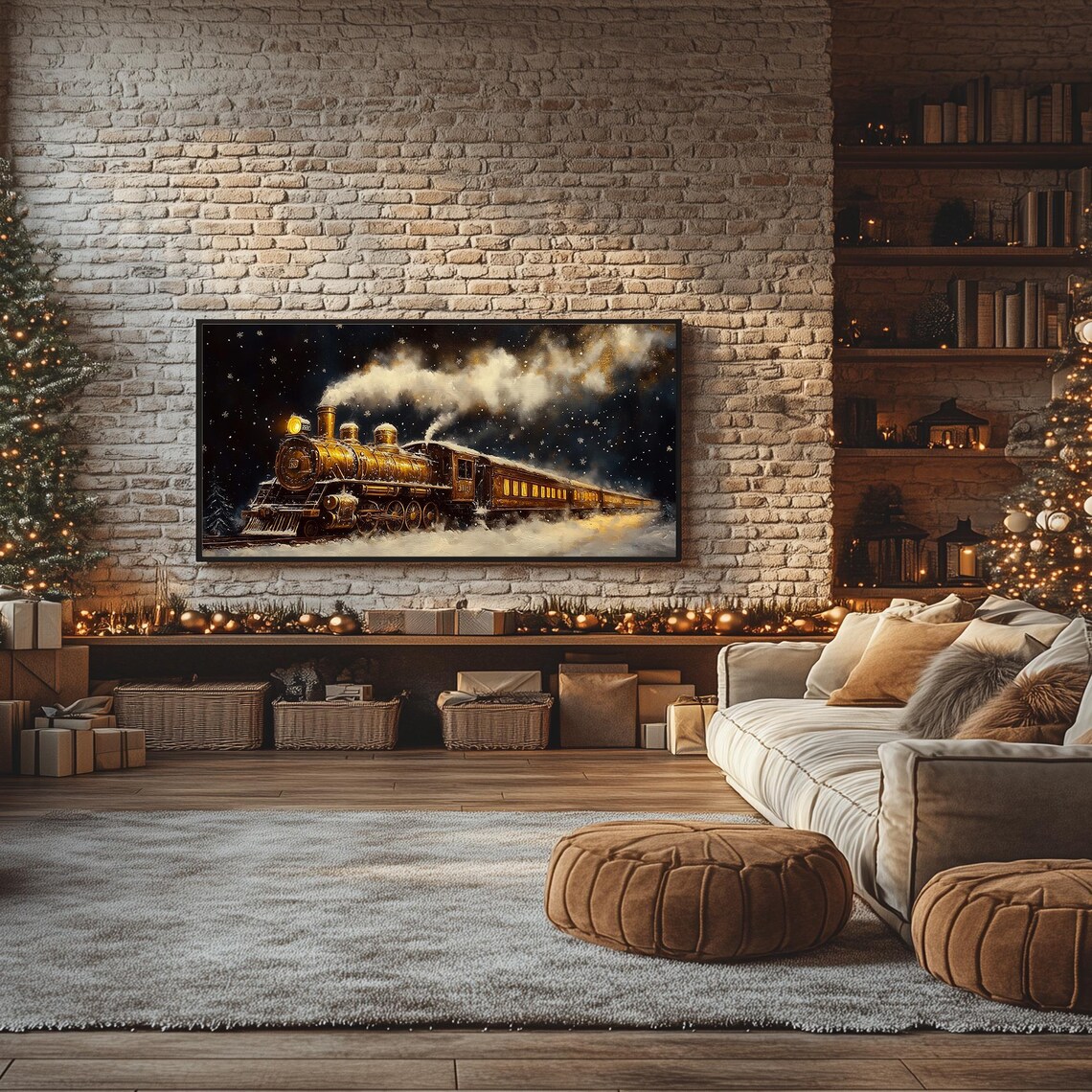 Golden Steam Train Christmas Night Snowy Winter Scene Frame TV Poster - Image 4