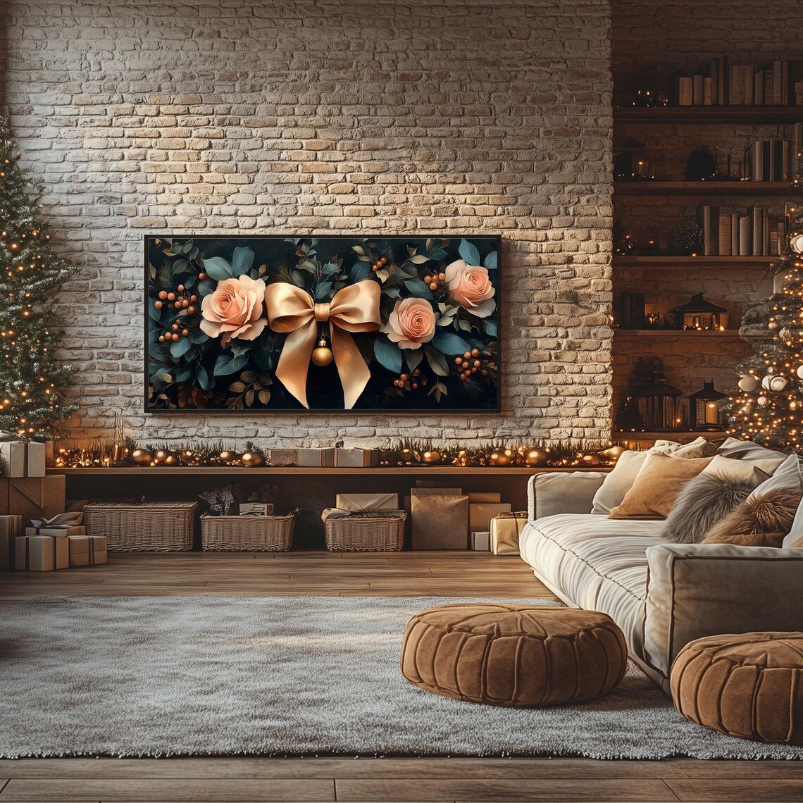 Gold Bow and Roses Christmas Garland Dark Elegant Holiday Poster - Image 3