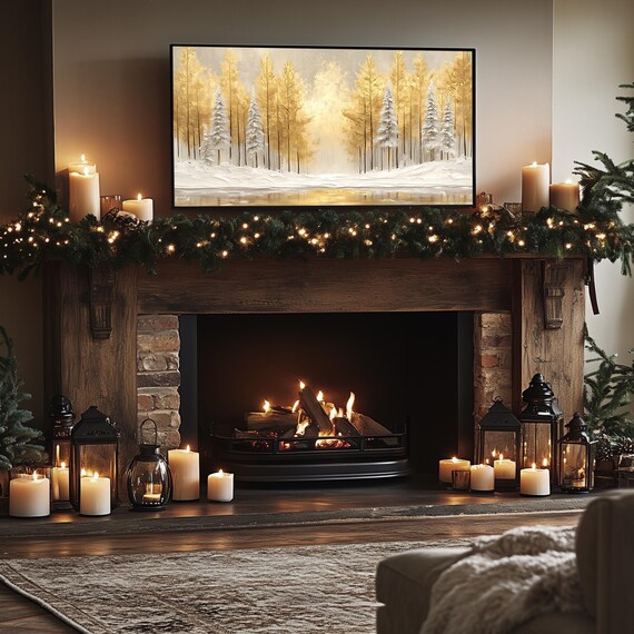 Golden Winter Forest Snowy Birch Trees Warm Light Woodland Frame TV Poster