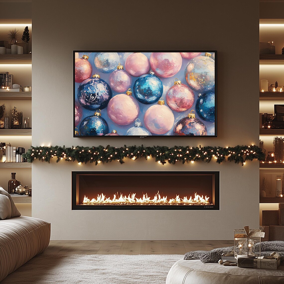 Pastel Pink and Blue Christmas Ornaments Cheerful Holiday Art Poster - Image 2