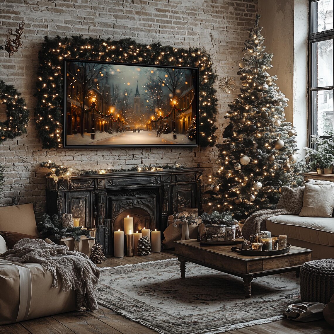 Magical Night Time Winter Street Snowy Town Lantern Glow Frame TV Poster - Image 3