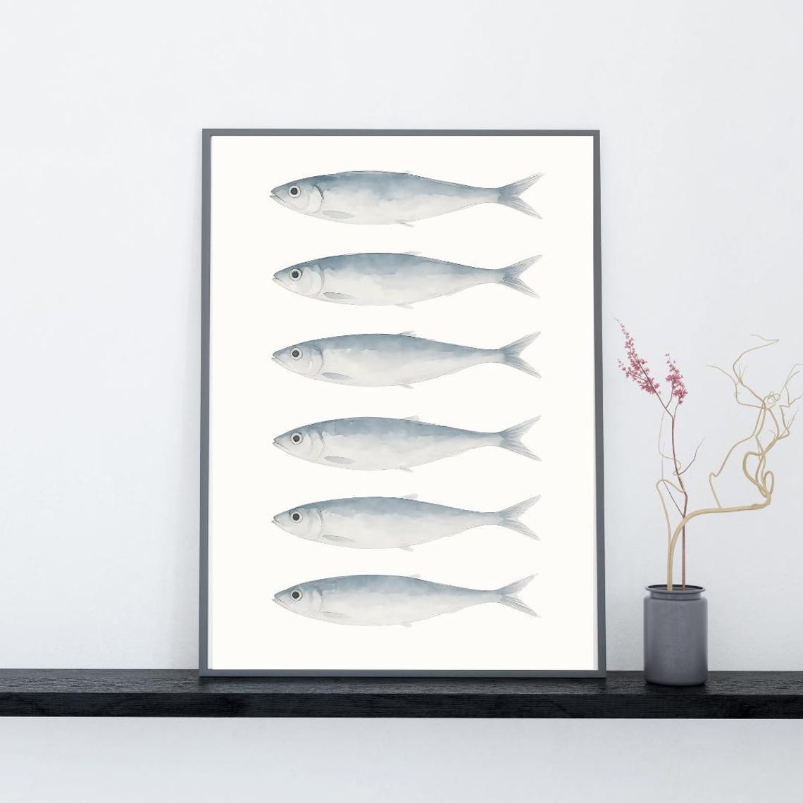 Minimalist Gray Sardines Watercolor Row Coastal Kitchen Poster