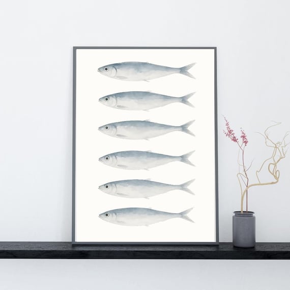 Minimalist Gray Sardines Watercolor Row Coastal Kitchen Poster