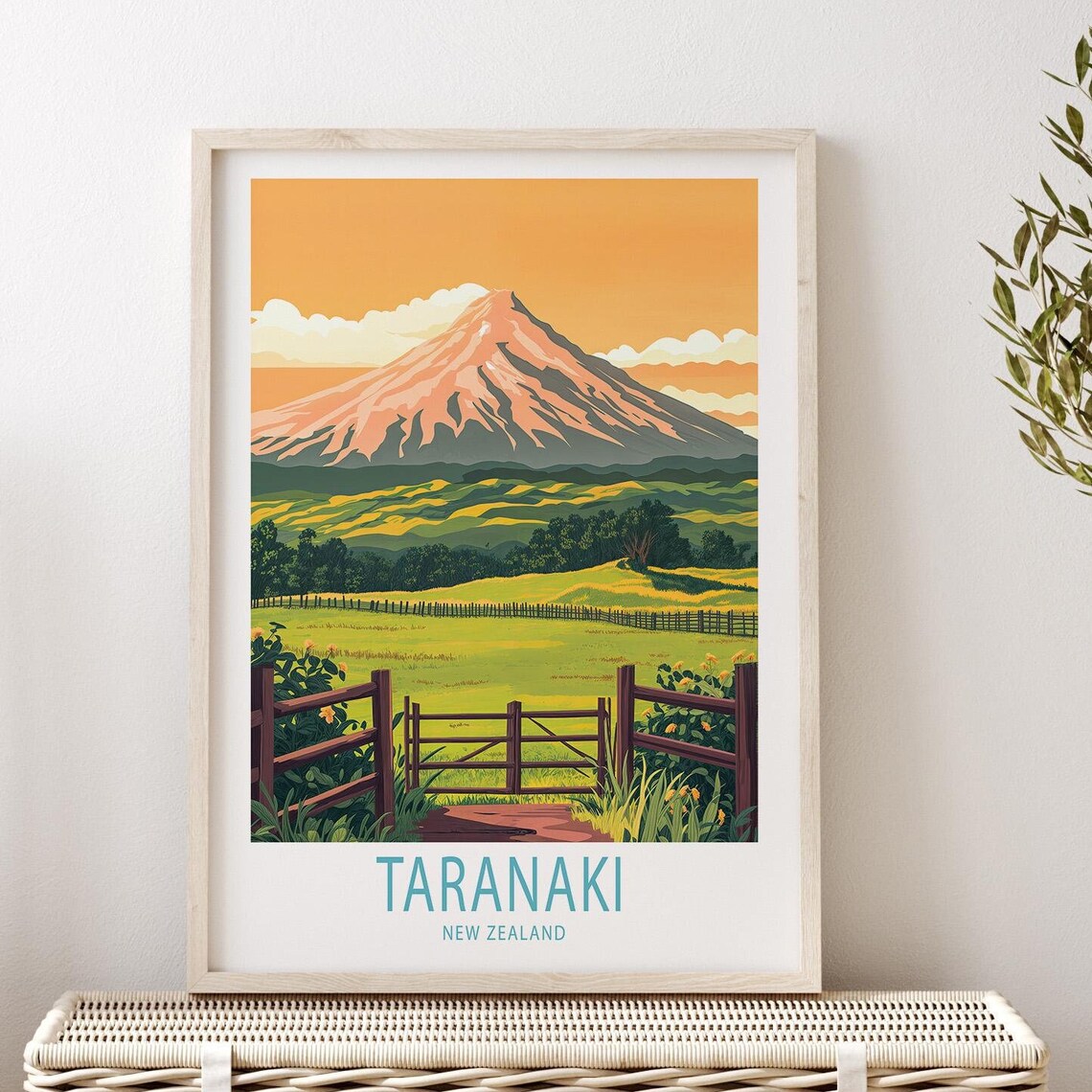 Taranaki New Zealand Golden Sunset Mountain Farm Gate Fields Poster