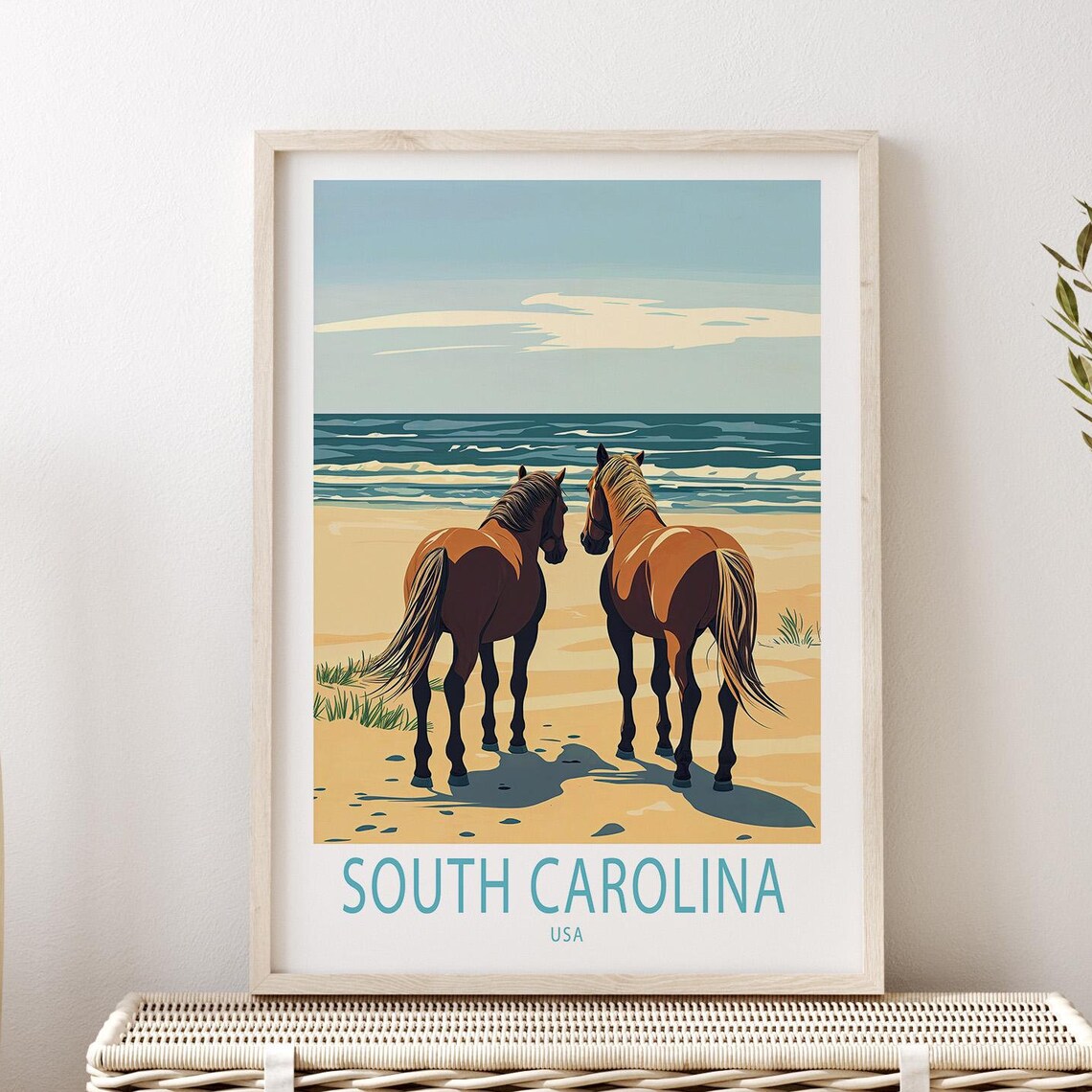 South Carolina USA Wild Horses Beach Ocean Waves Coastal Scene Poster