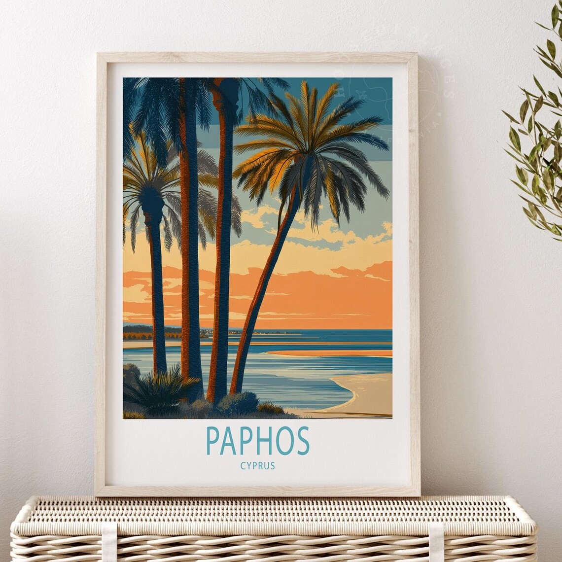 Paphos Cyprus Palm Beach Sunset Mediterranean Coastal Travel Poster