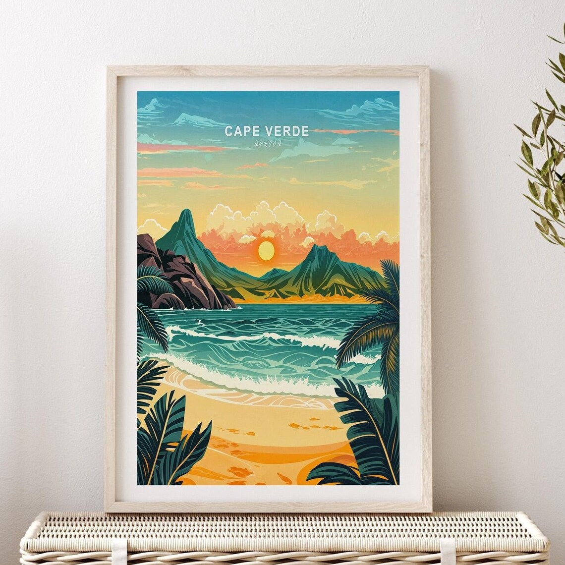 Cape Verde Africa Tropical Sunset Beach Palms Ocean Waves Bay Poster