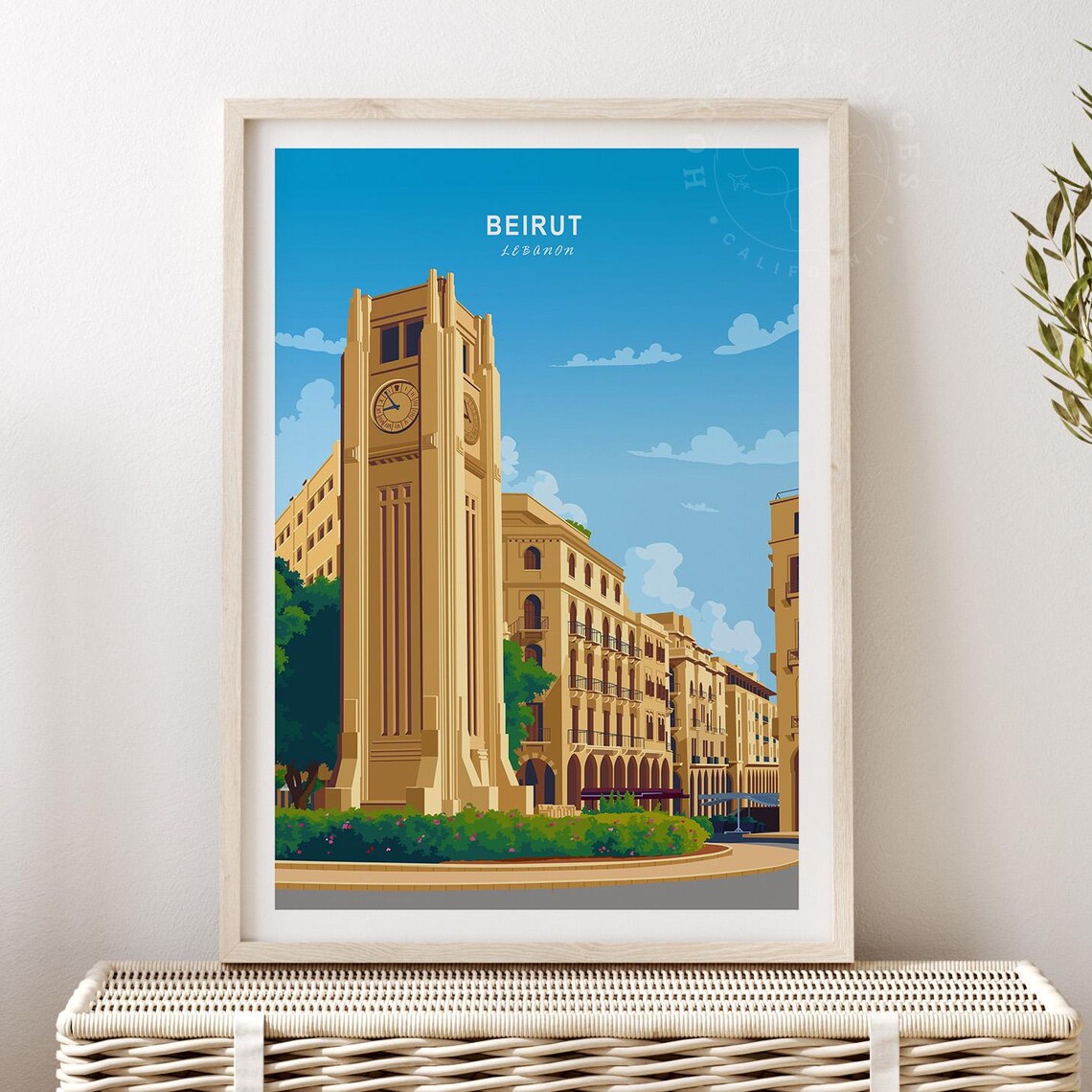 Beirut Lebanon Downtown Clock Tower Retro Cityscape Travel Poster