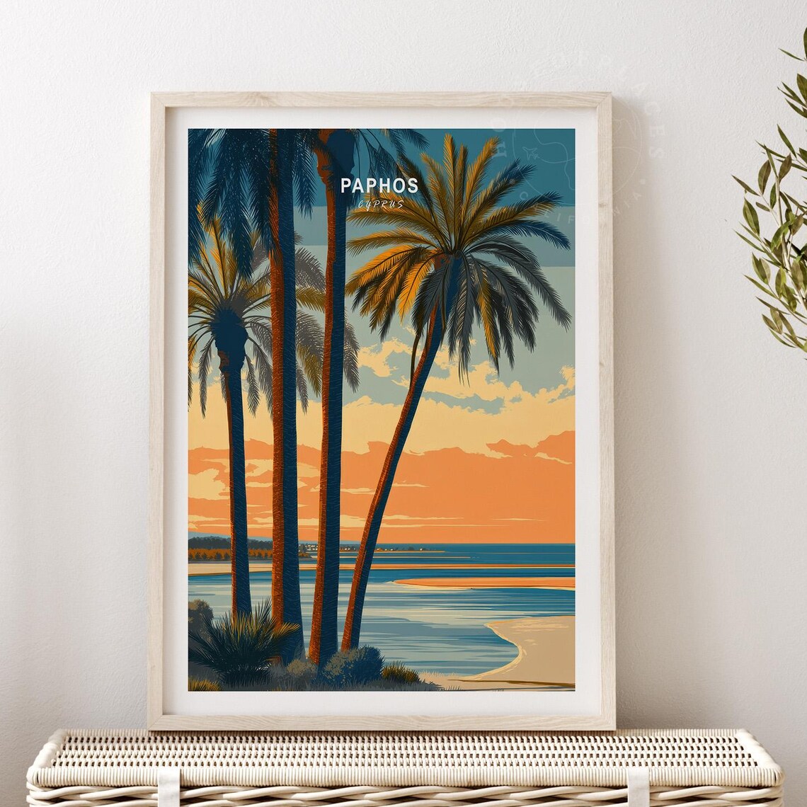 Paphos Cyprus Tropical Palm Beach Lagoon Coastal Travel Poster