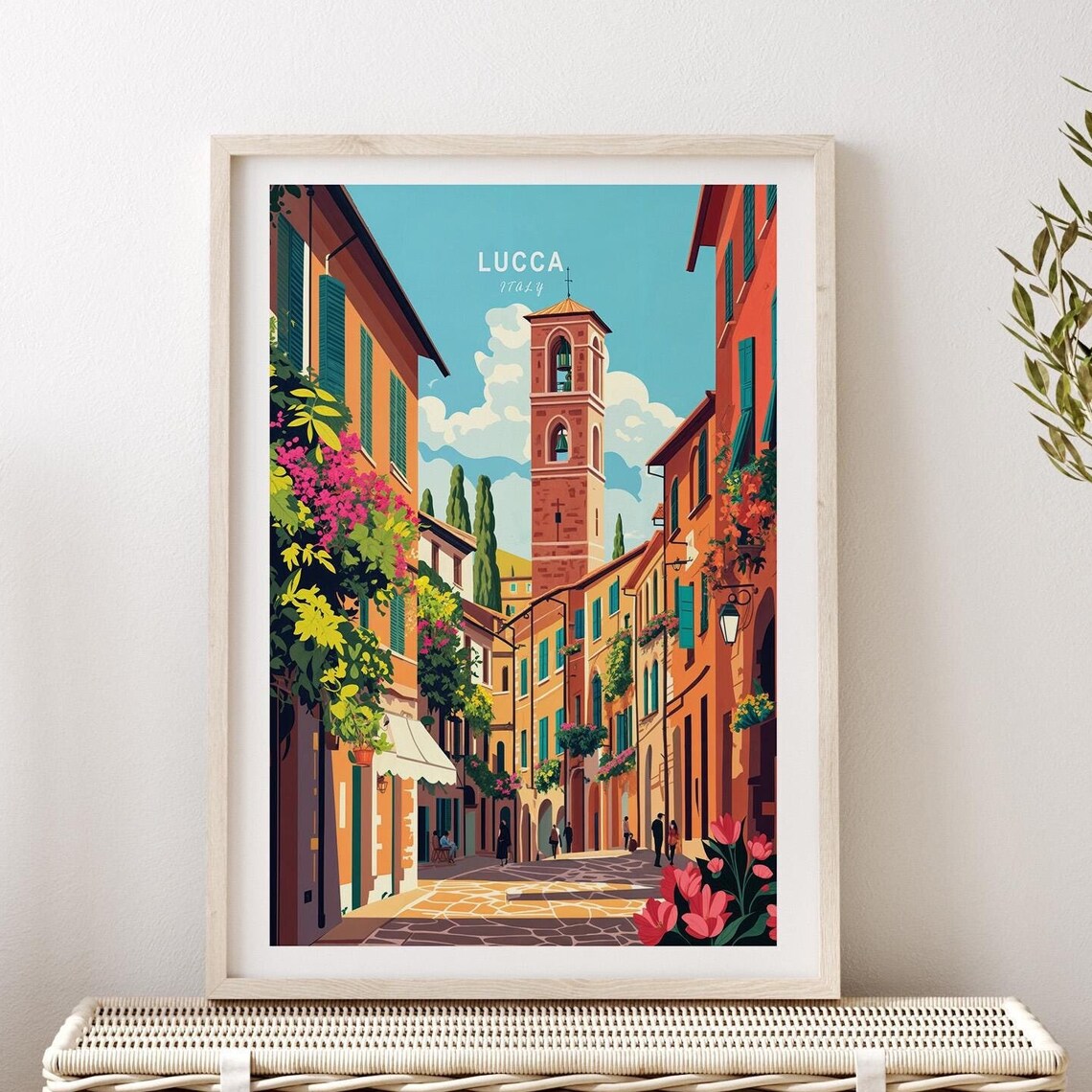 Lucca Italy Sunlit Street Bell Tower Blooming Balconies Poster