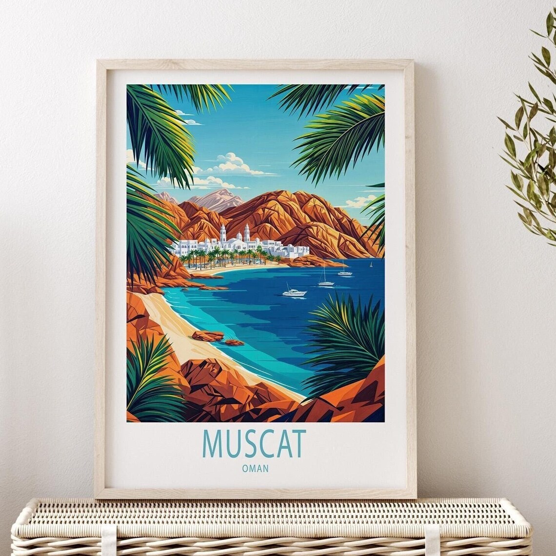 Muscat Oman White Old Town on the Bay With Rugged Red Mountains Poster - Image 2