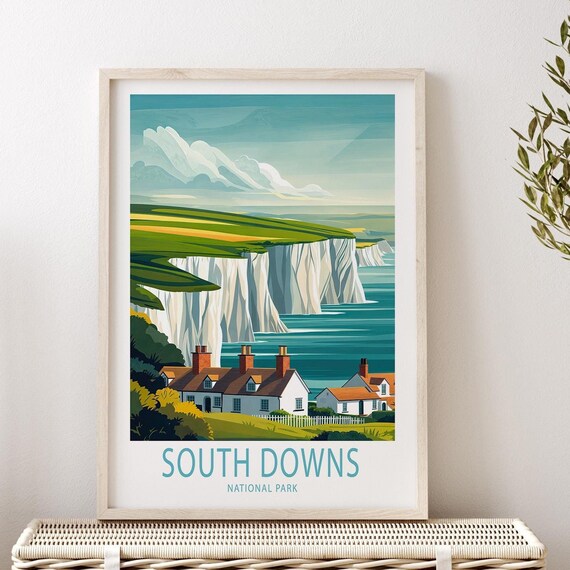 South Downs National Park Chalk Cliffs and Coastal Cottages Poster