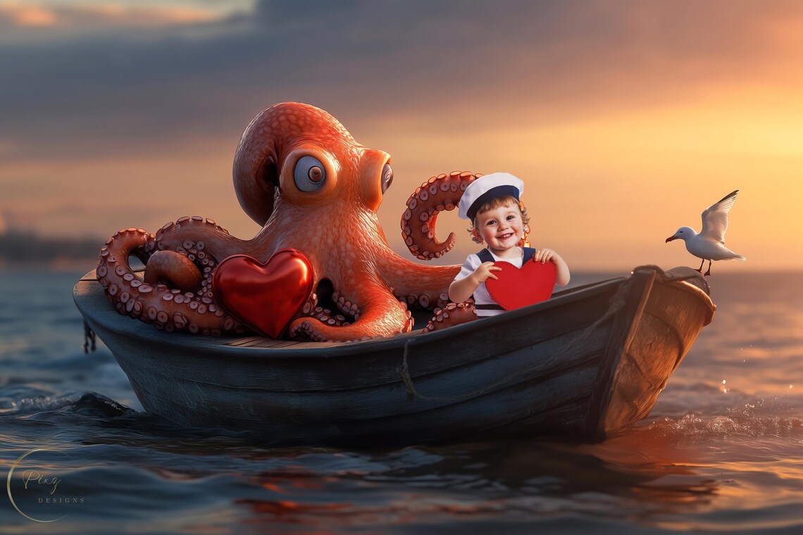 Valentine Octopus Romantic Heart Backdrop