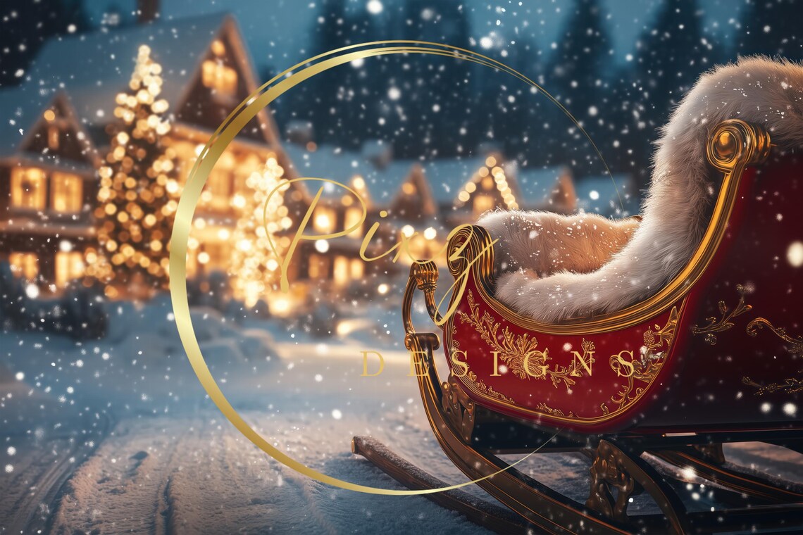 Christmas Sleigh Scene Santa Hat Girl In Snow Village Backdrop Poster - Image 2