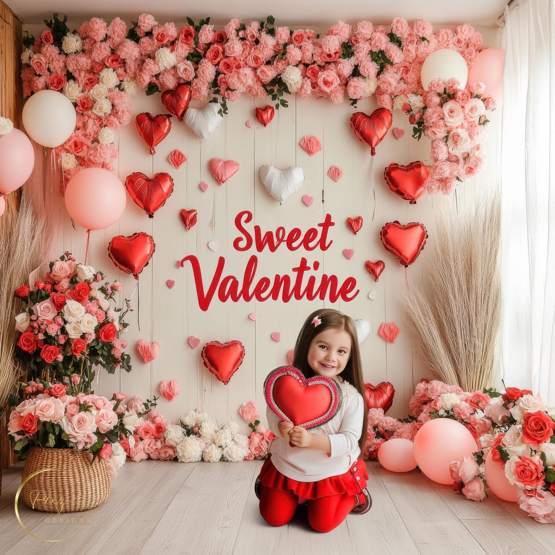 Sweet Valentine Studio Background Heart Balloons Floral Decor Backdrop