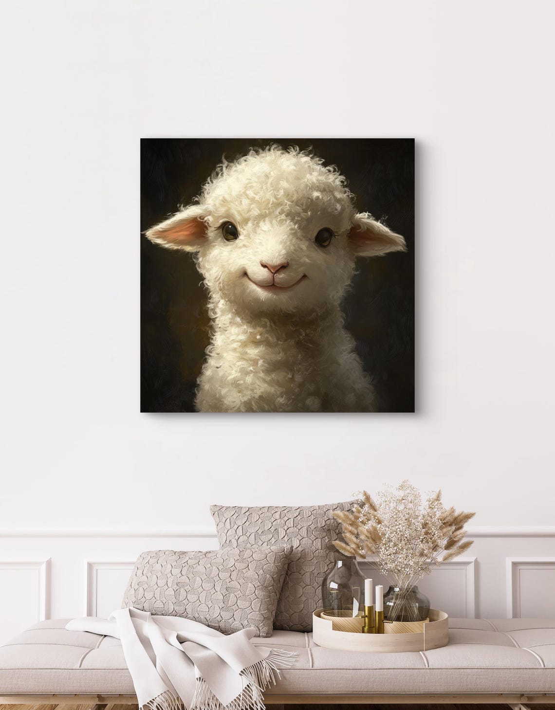 Smiling Baby Lamb Portrait Curly White Wool Dark Background Art Poster - Image 2