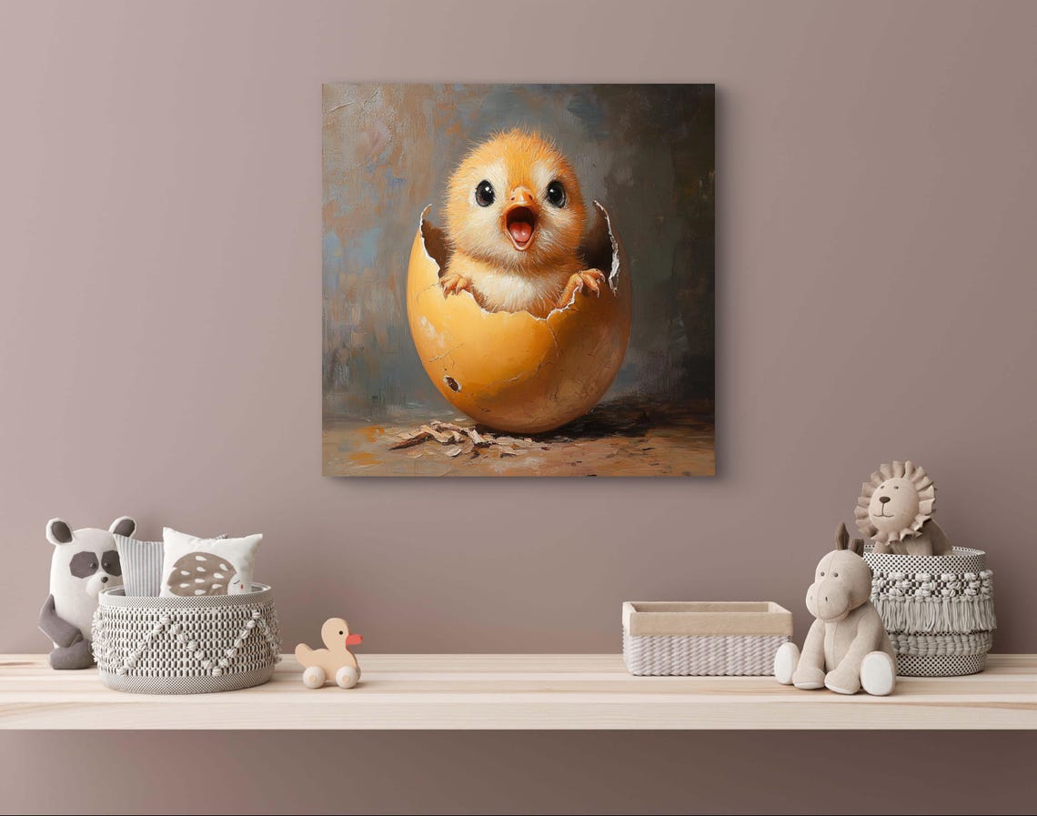 Baby Chick Hatching From Egg Joyful Spring Nursery Oil Painting Poster