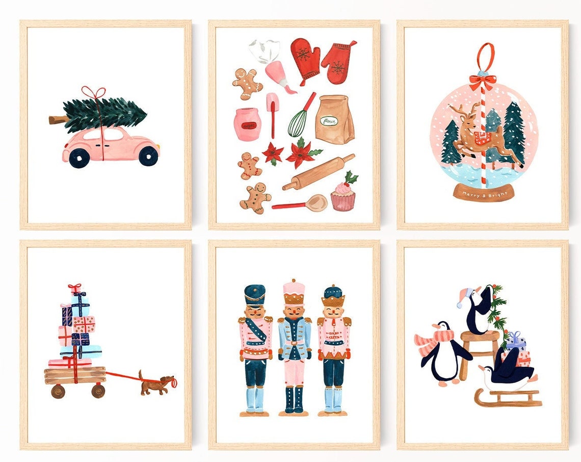 Set Of 6 Pink Christmas Prints Nutcracker Baking Holiday Wall Art