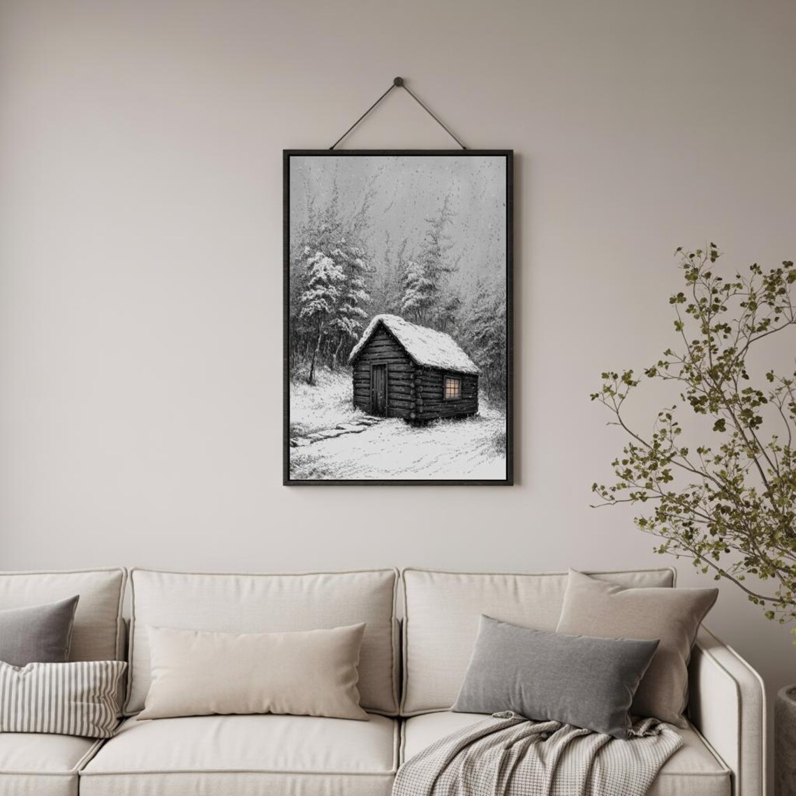 Snow Covered Log Cabin in Winter Forest Black and White Ink Drawing Poster - Image 3