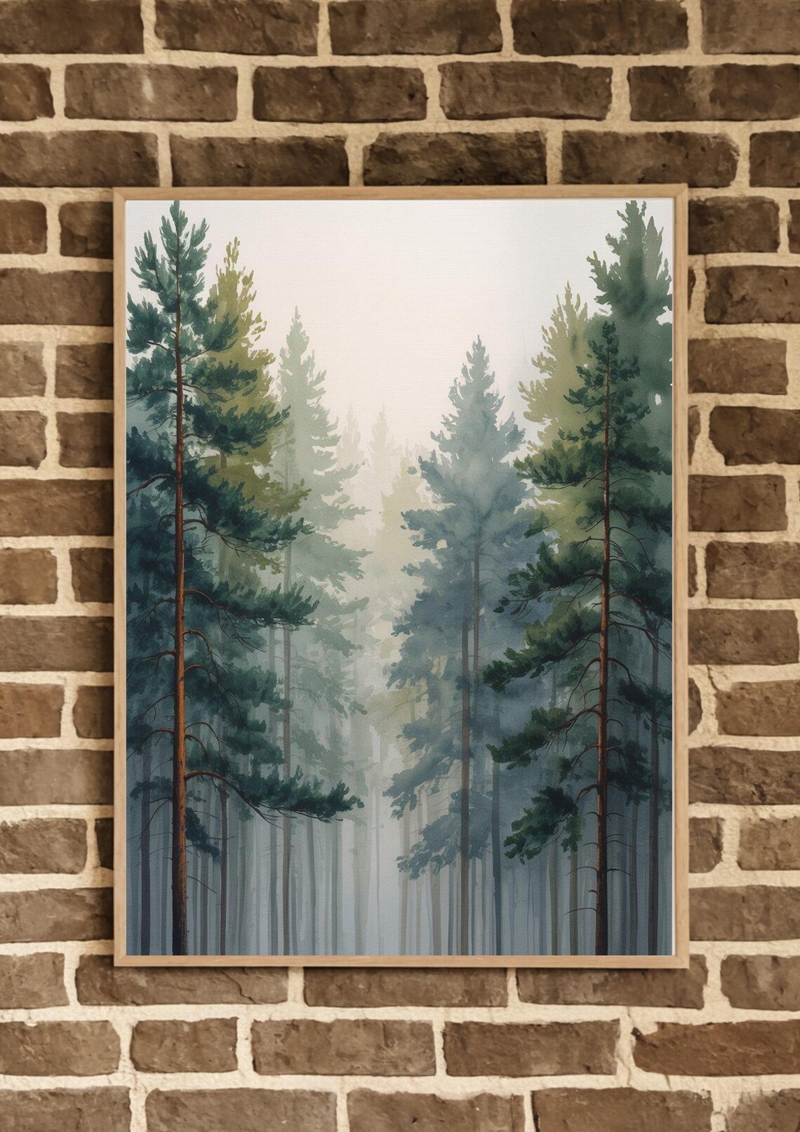 Misty Pine Forest Watercolor Square Green Nature Landscape Poster - Image 3