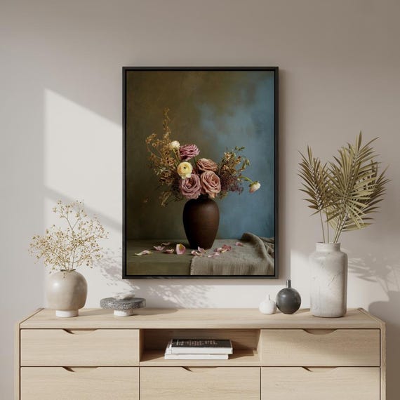Muted Roses In Ceramic Vase Moody Still Life Wall Art
