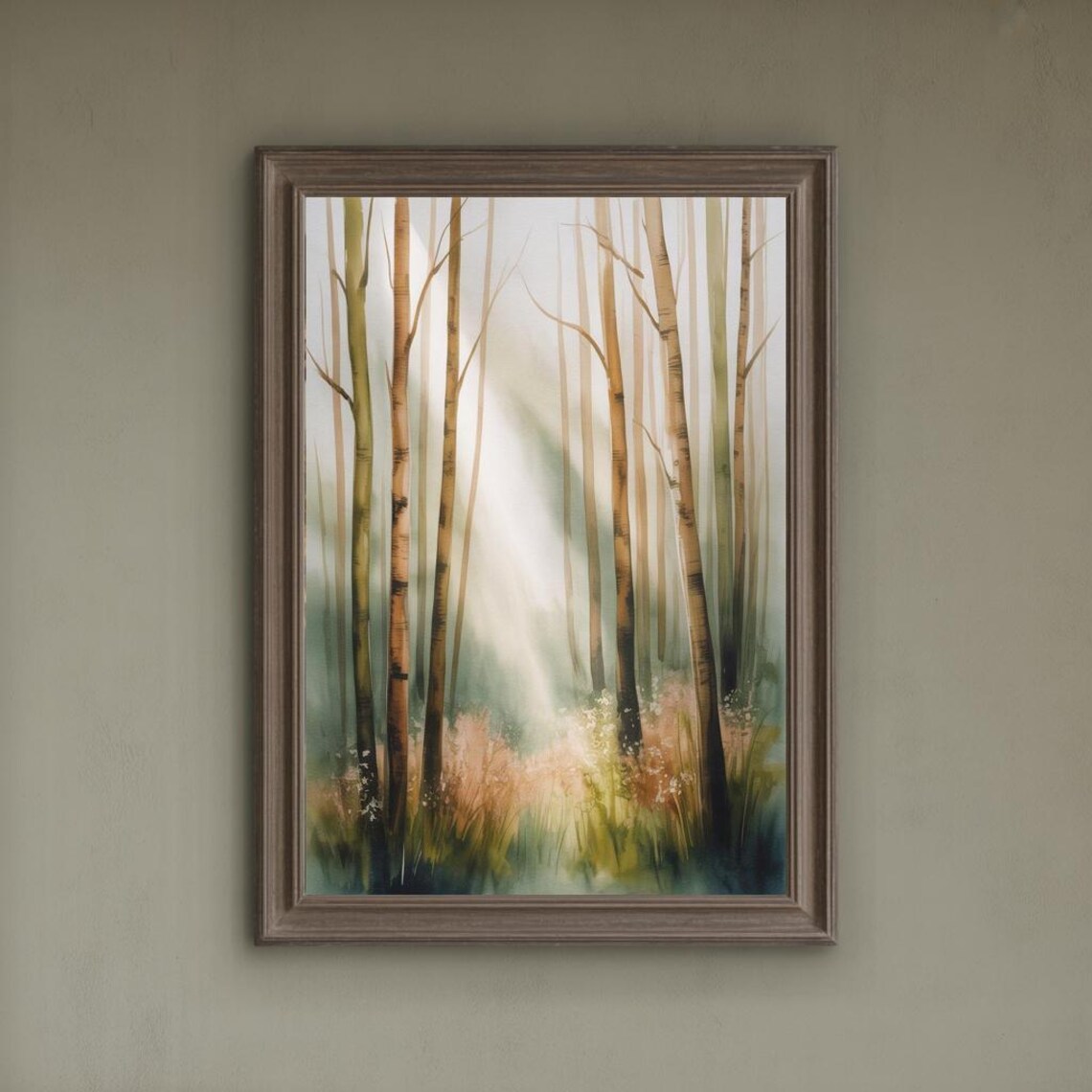 Soft Morning Light in Birch Forest Sunbeams Watercolor Woodland Poster - Image 2