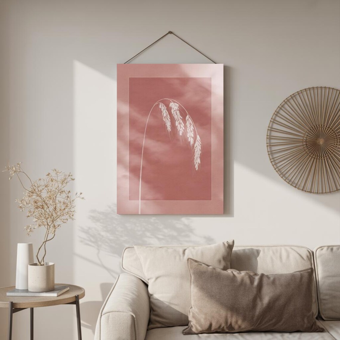 White Wheat Stalk Dusty Pink Single Minimalist Botanical Wall Art