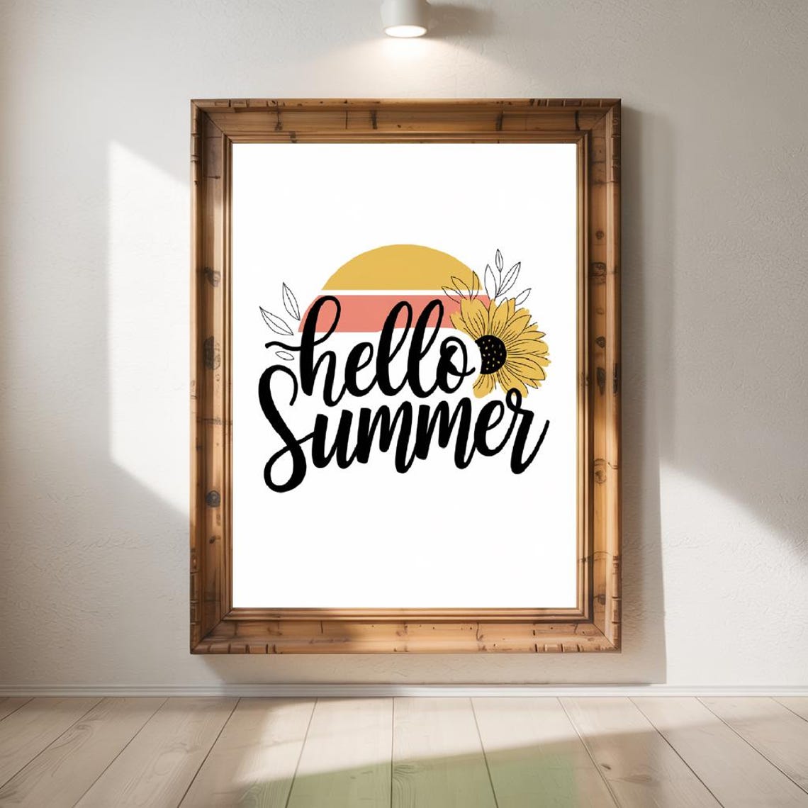 Hello Summer Sunset Circle Sunflower Script Typography White Poster