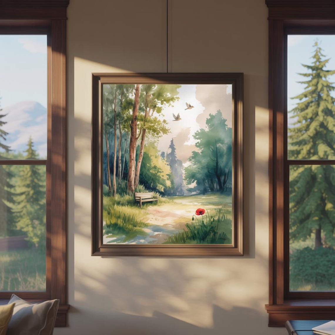 Tranquil Forest Path With Bench Birds Red Poppy Watercolor Poster - Image 3