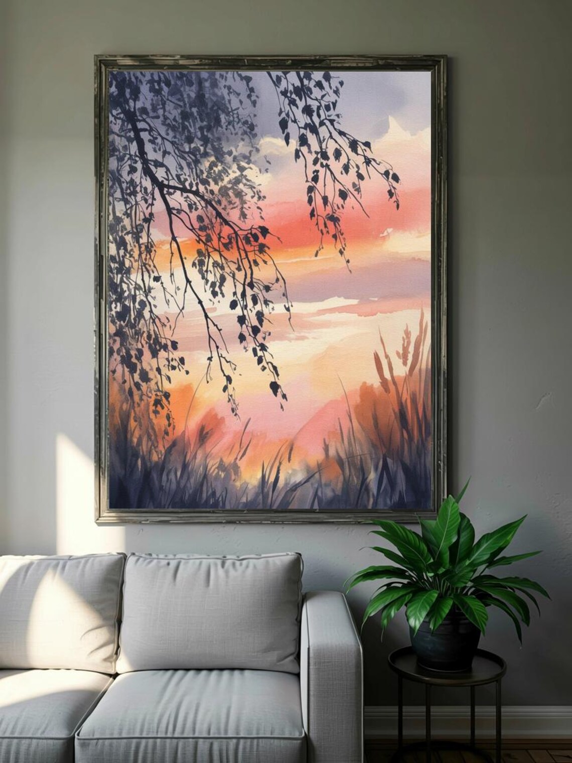 Sunset Through Branches Warm Watercolor Sky Silhouette Poster - Image 3