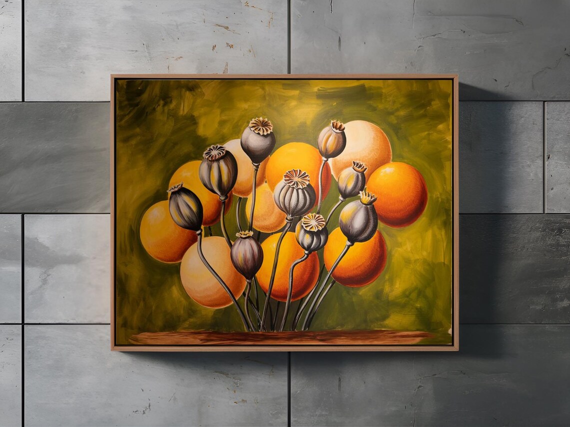 Dried Poppy Seed Pods With Orange Orbs Botanical Nature Wall Art - Image 3