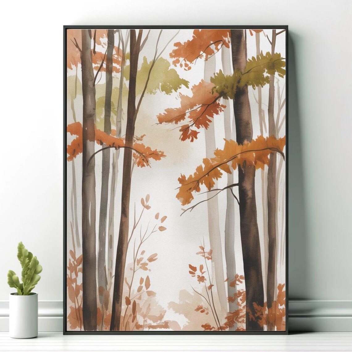 Autumn Woodland in Rust Orange Tones Soft Misty Watercolor Forest Poster - Image 2