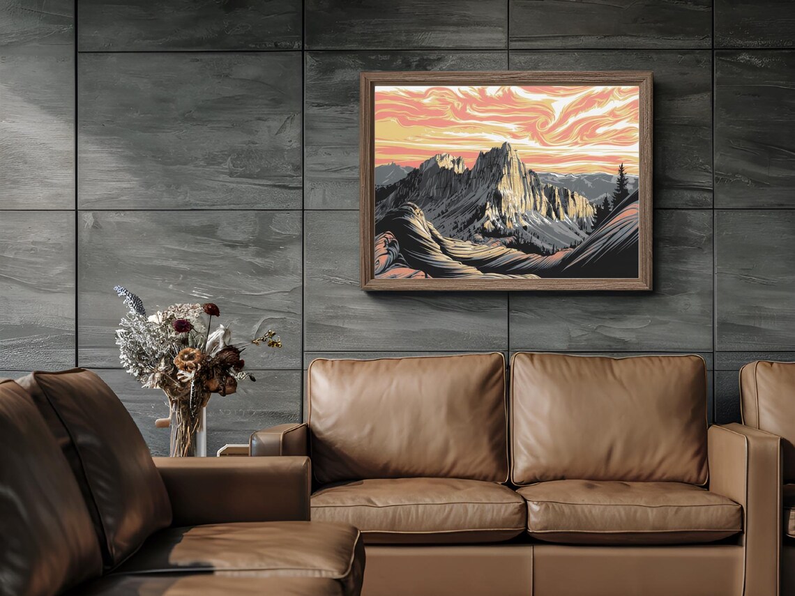 Mountain Sunrise Gray Peaks Pink Swirl Clouds Linocut Art Poster - Image 2