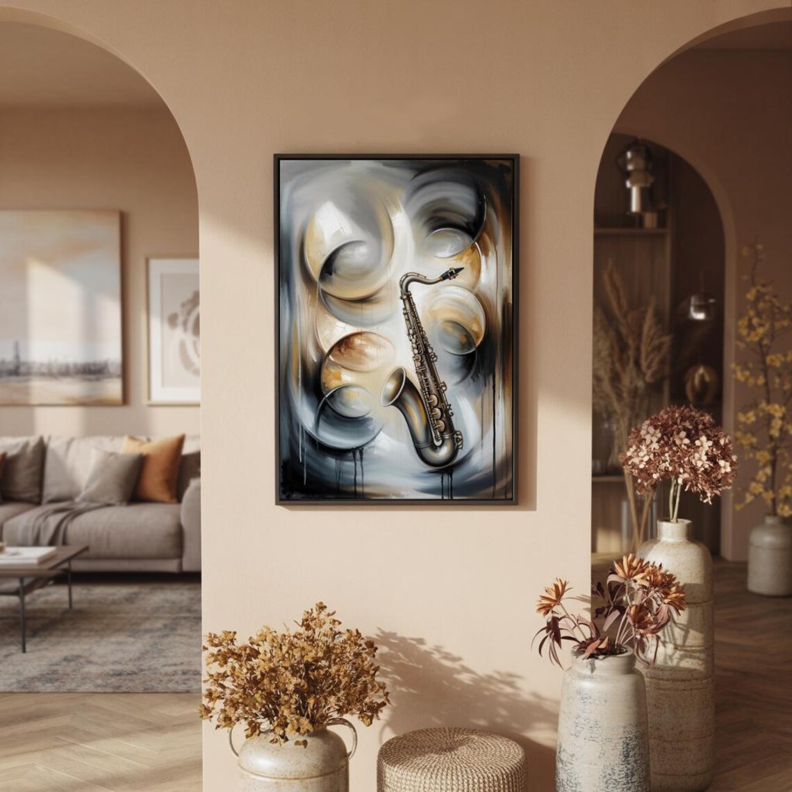 Neutral Tone Abstract Saxophone With Soft Gray Swirls Art Poster - Image 3