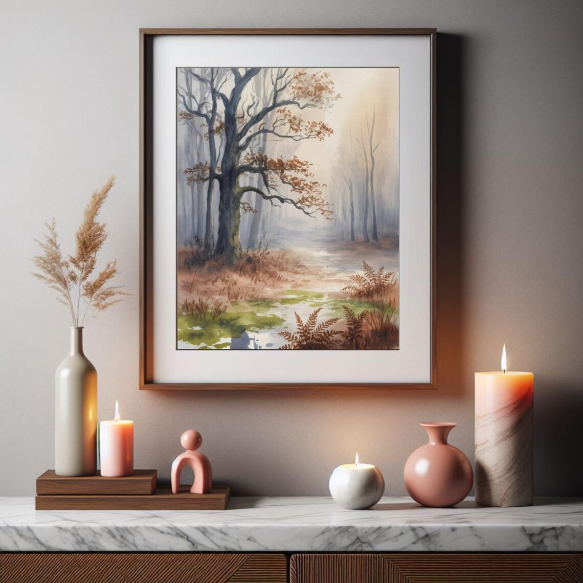 Enchanted Misty Autumn Forest Watercolor Tree Path Art Poster - Image 2