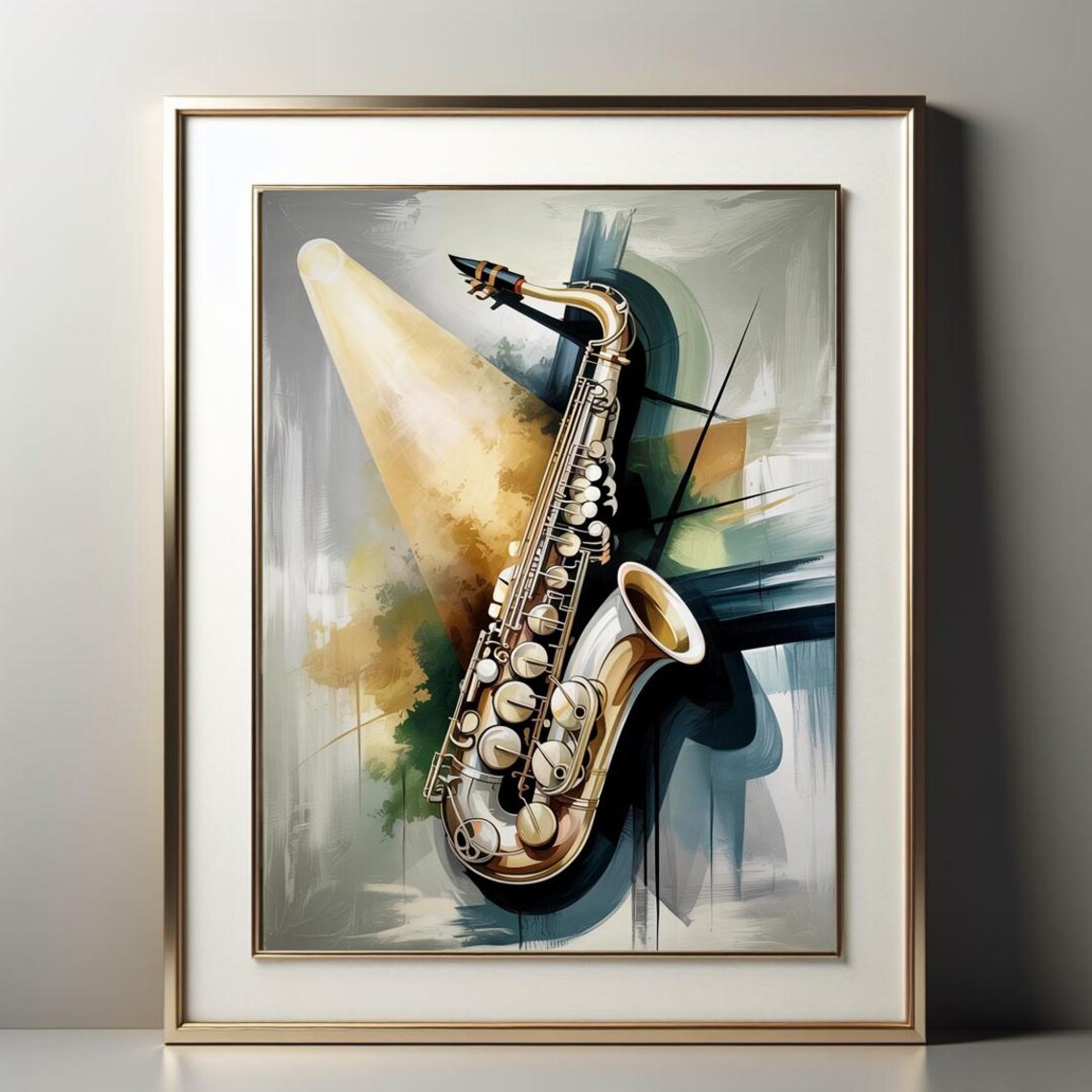 Golden Saxophone Under Spotlight on Painted Abstract Gray Poster