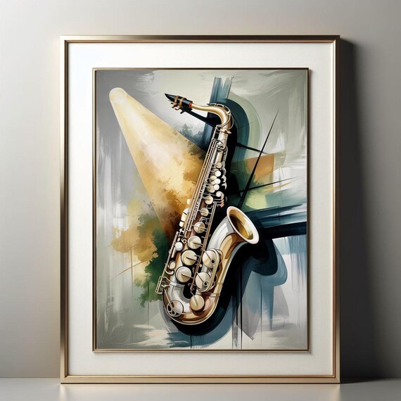 Golden Saxophone Under Spotlight on Painted Abstract Gray Poster