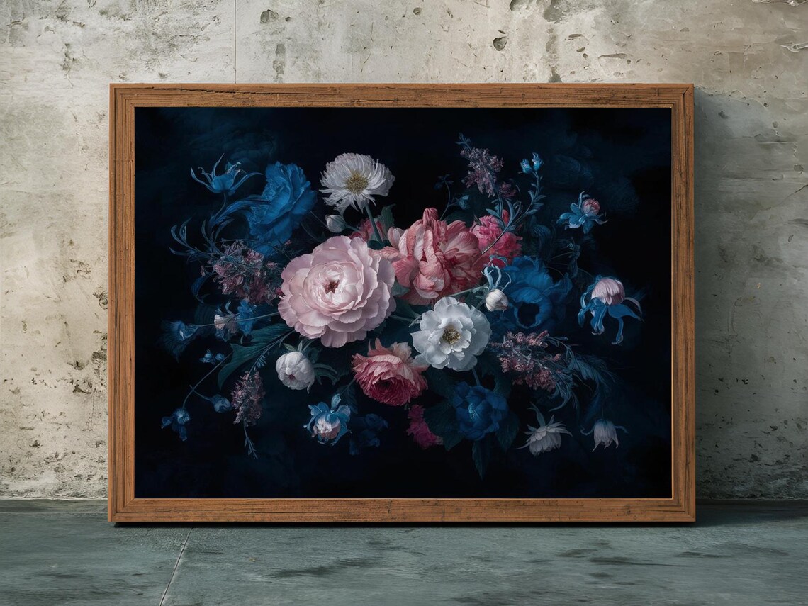 Pink Peony Blue Rose White Blooms Dark Floral Elegant Art Print - Image 2