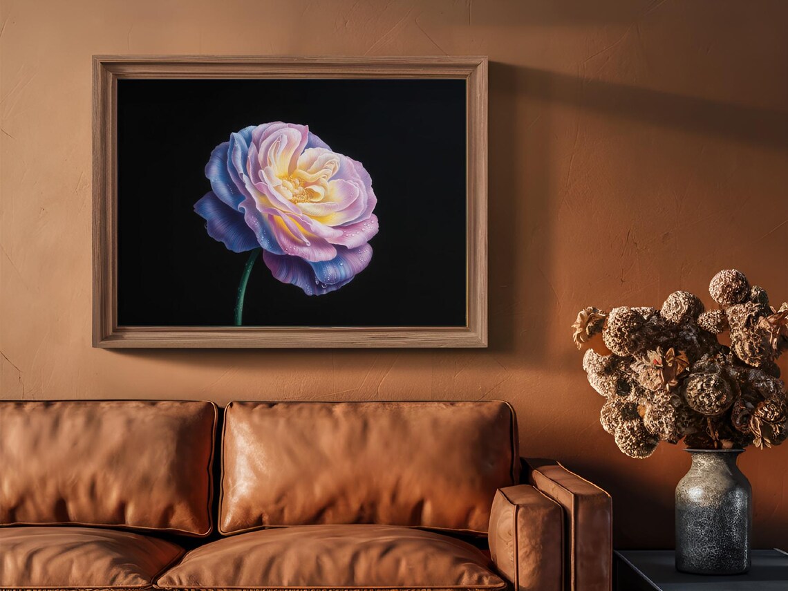 Juliet Rose Overhead View With Dew Drops Purple Pink Wall Art - Image 3
