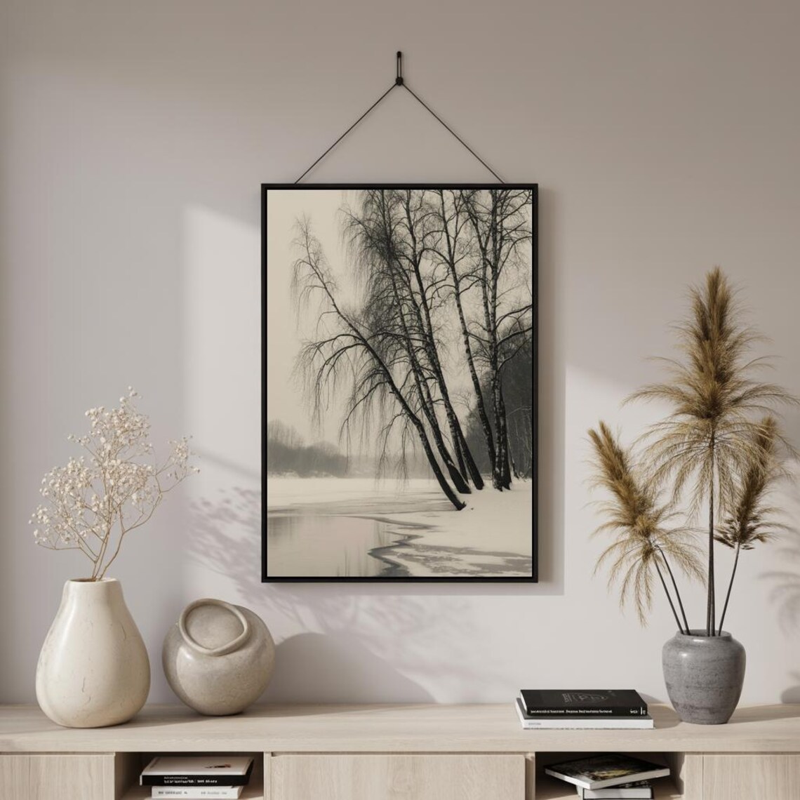 Bare Birch Trees Frozen Lake Winter Sepia Photography Poster - Image 3