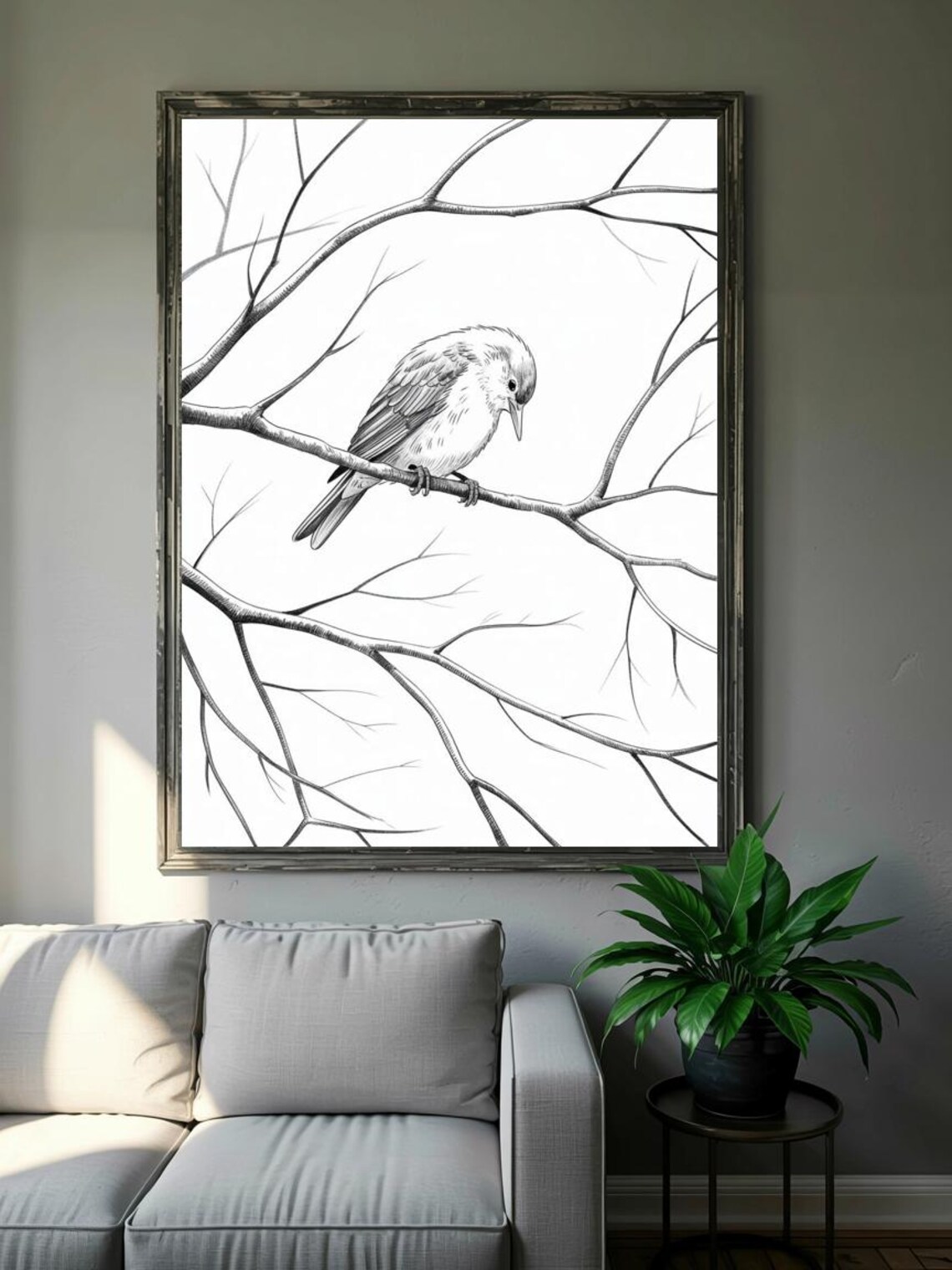 Solitary Bird On Bare Branch Minimal Ink Line Sketch Wall Art