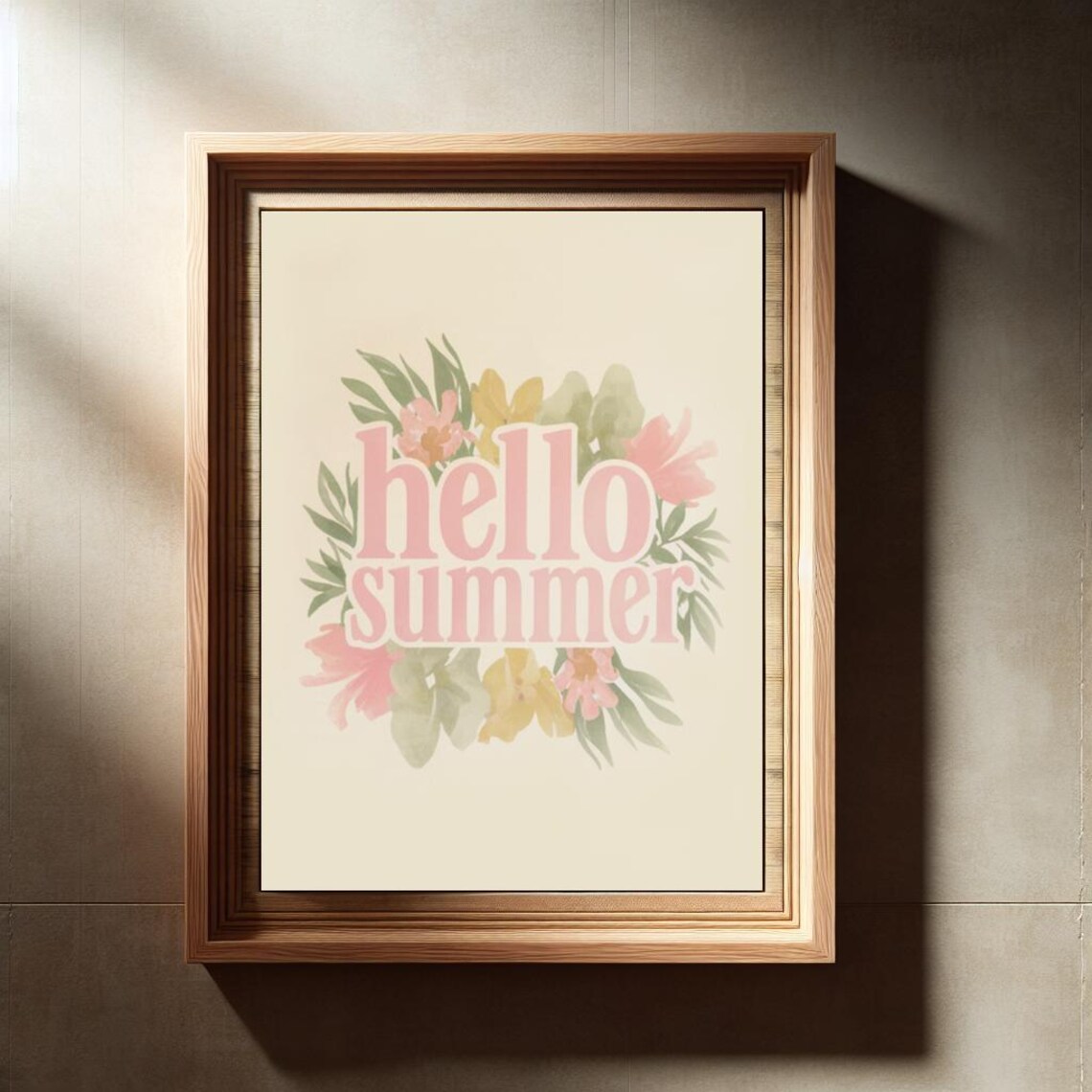 Hello Summer Pink Block Letters Floral Circle Watercolor Joy Print - Image 2