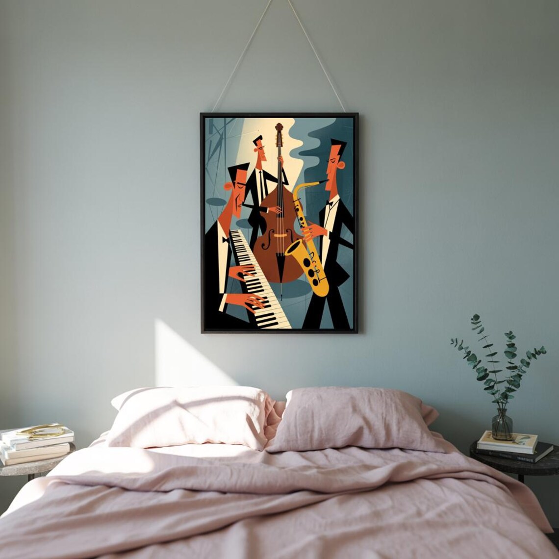 Mid Century Modern Cartoon Jazz Band Trio Illustration Poster - Image 3