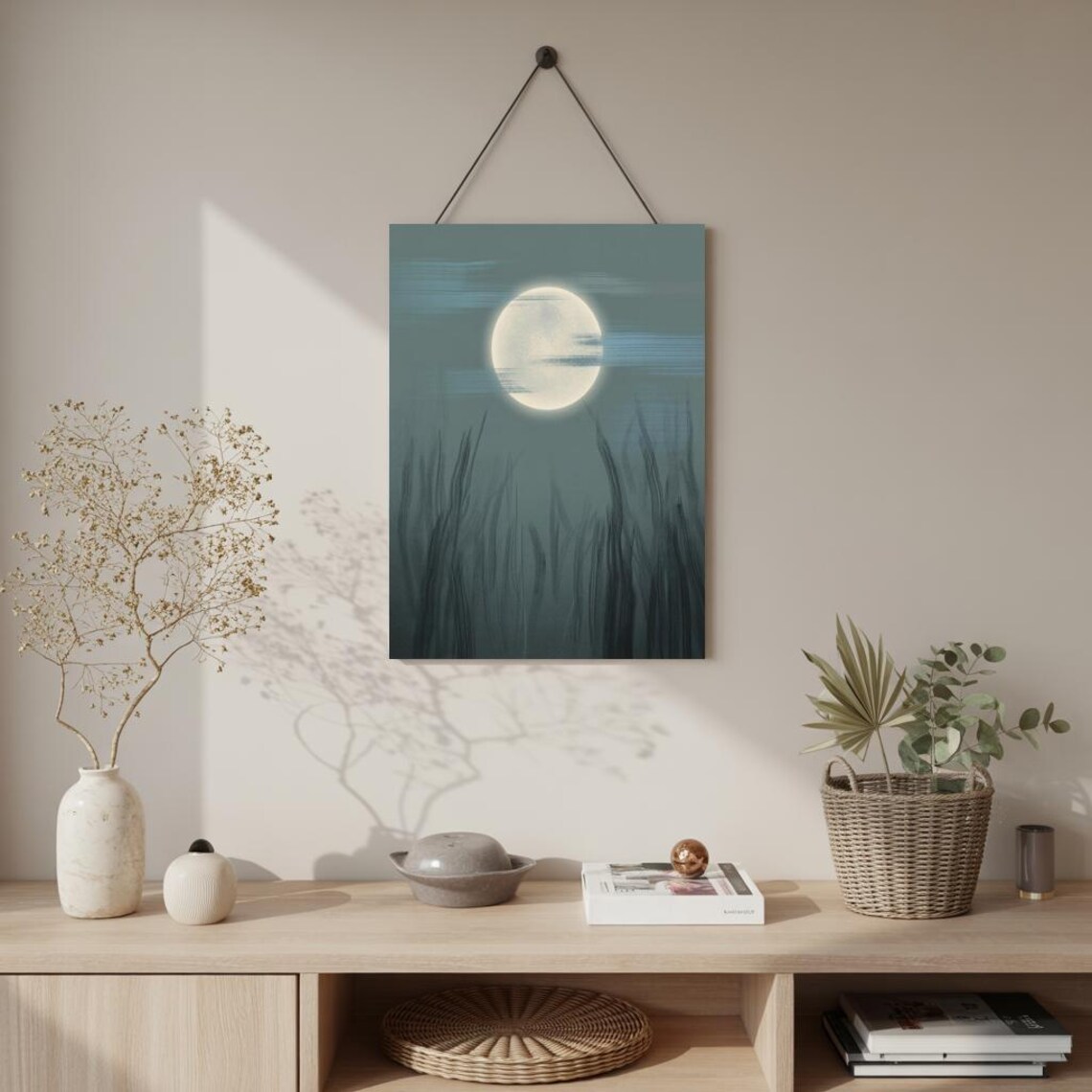 Full Moon Over Dark Reeds Luminous Teal Night Sky Moody Nature Poster - Image 3