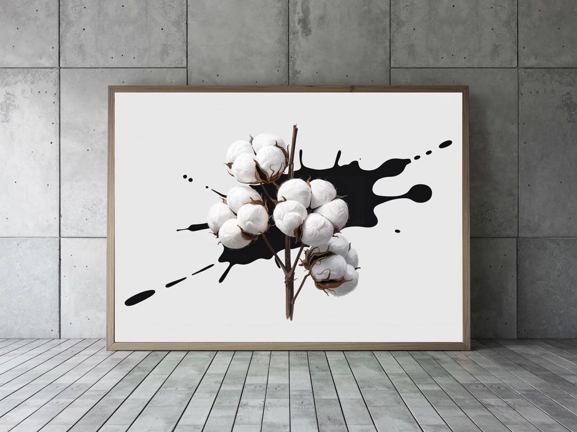 Bleached White Cotton Bolls On Black Ink Splash Minimal Poster - Image 2