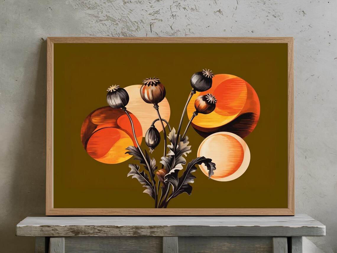 Dried Poppy Pods Sunset Orbs Olive Background Botanical Poster