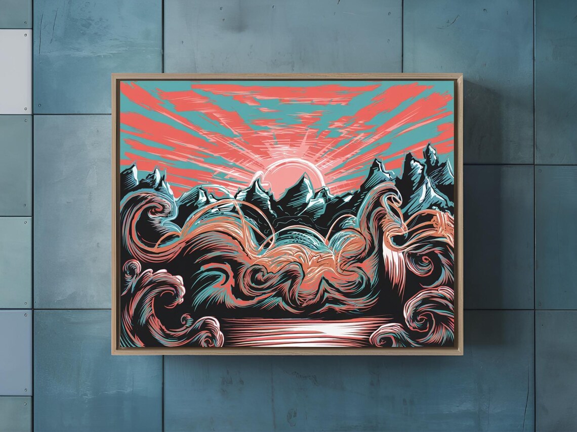 Bold Coral Teal Mountain Ocean Waves Graphic Landscape Poster - Image 2