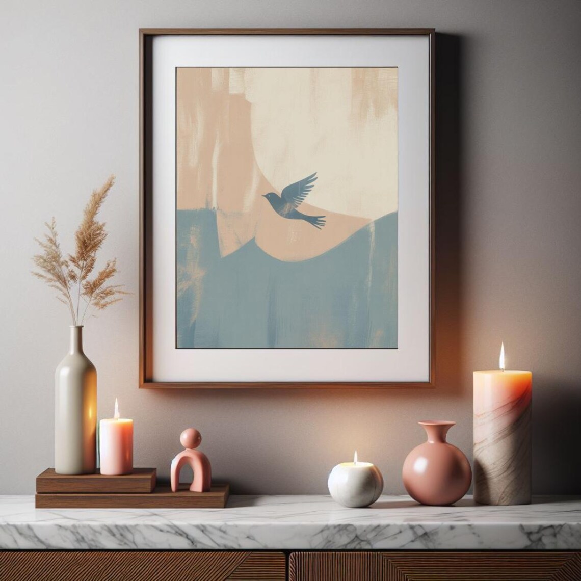 Blue Bird Flying Abstract Peach Blue Modern Minimalist Poster - Image 2