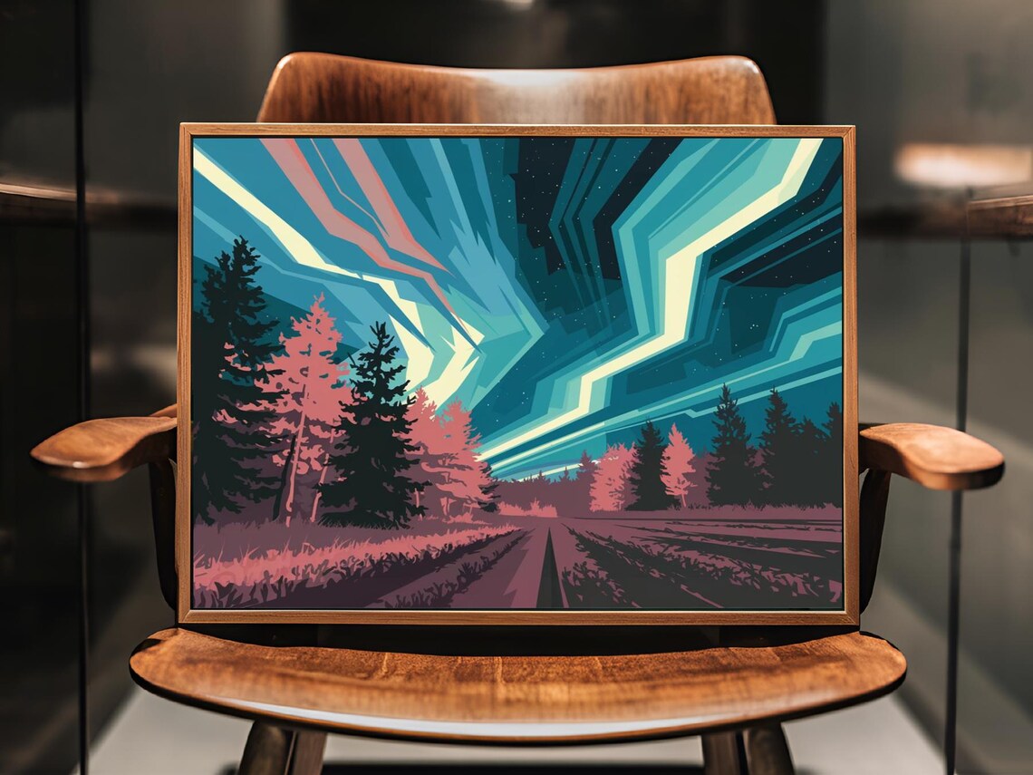 Geometric Aurora Borealis Over Pink Forest Night Landscape Poster - Image 2